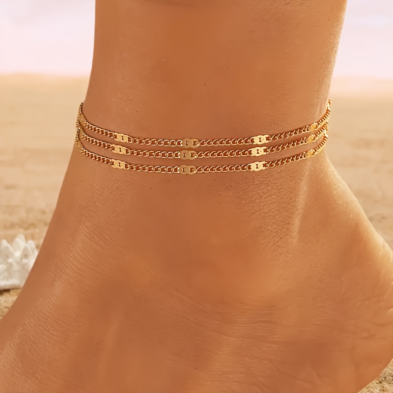 Women's Elegant Golden Triple Layered Chain Ankle Bracelet, Vacation Style